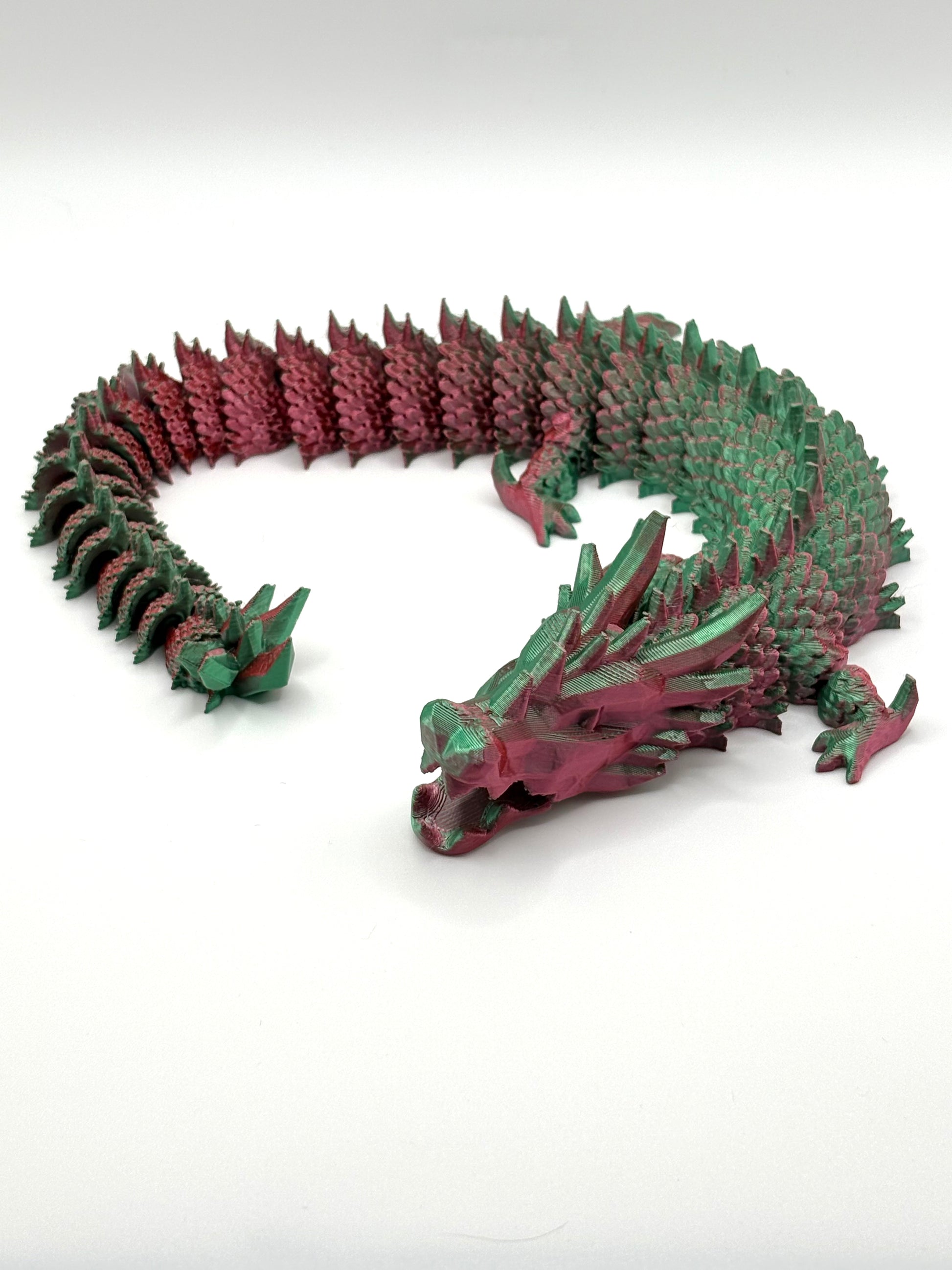 3D printed articulating dragon in vibrant colors
