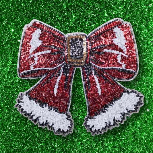 Red Santa bow patch with sequin details heat press sequin bow large patch